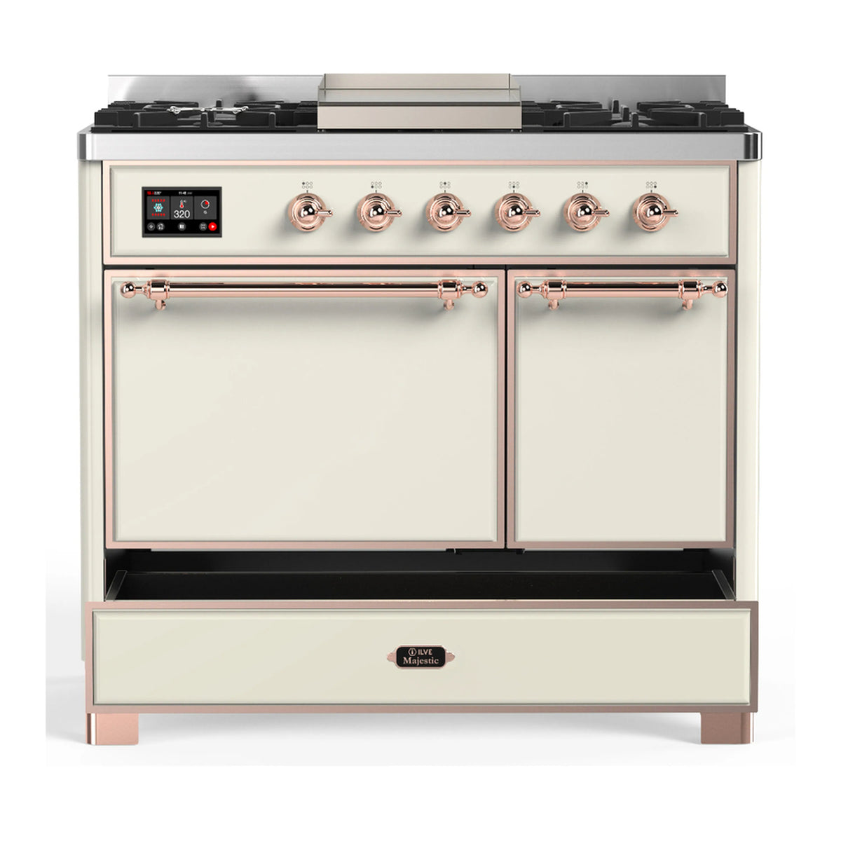 Antique white dual fuel range with two closed oven doors and copper control handles.