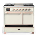 ILVE Majestic III 40-inch Dual Fuel Range with 6 Natural Gas Burner, Griddle and Solid Door Electric Oven in Antique White with Copper Trim (UMD40FQNR3AWP)
