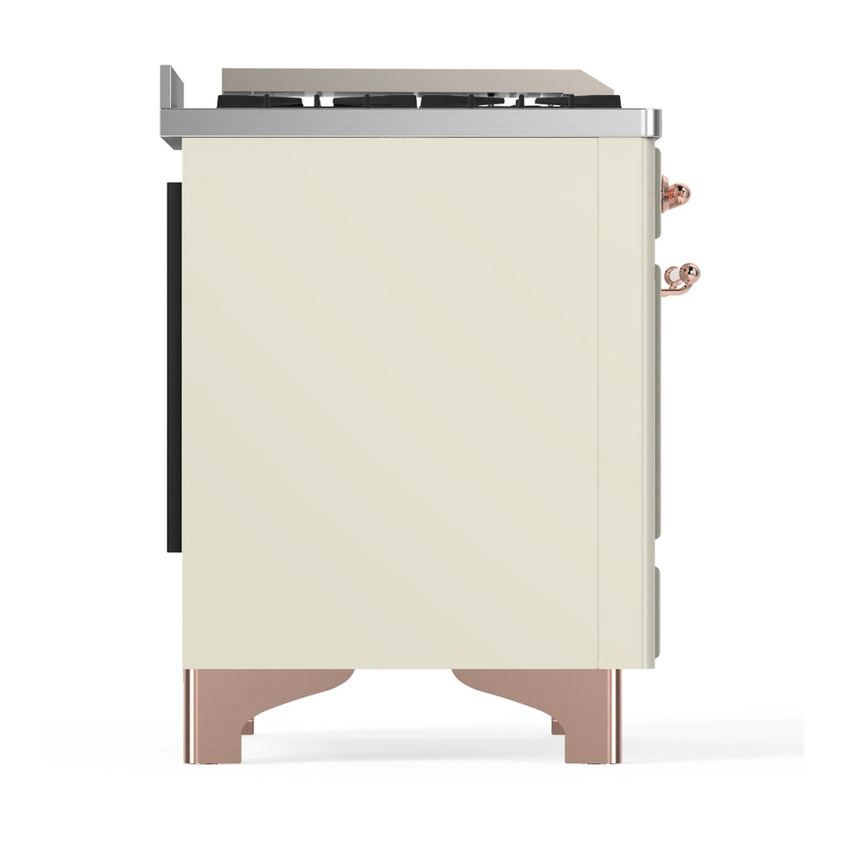 Antique white dual fuel range rear side view with copper trim legs and black vents.