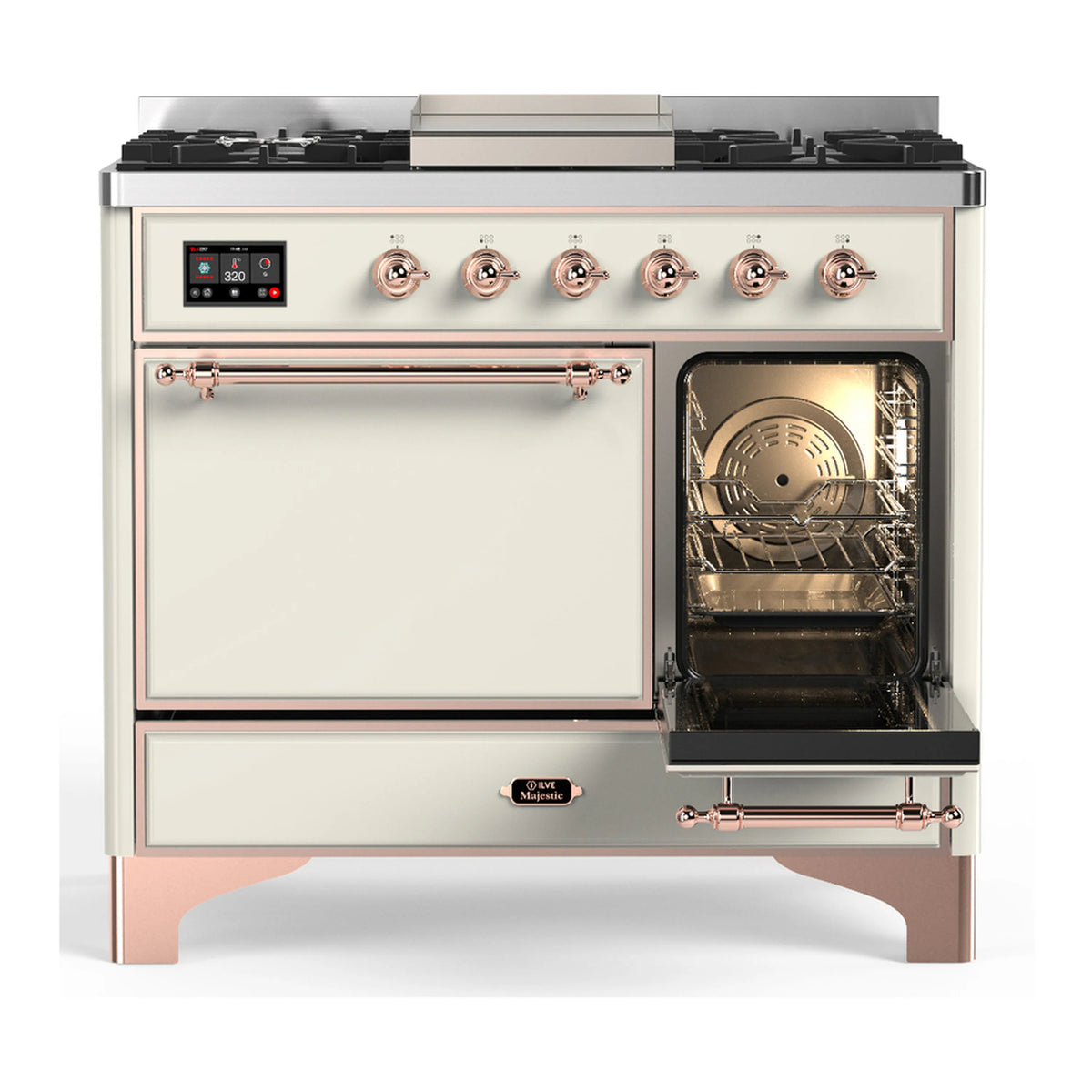 Antique white dual fuel range with large oven door closed and interior light on.