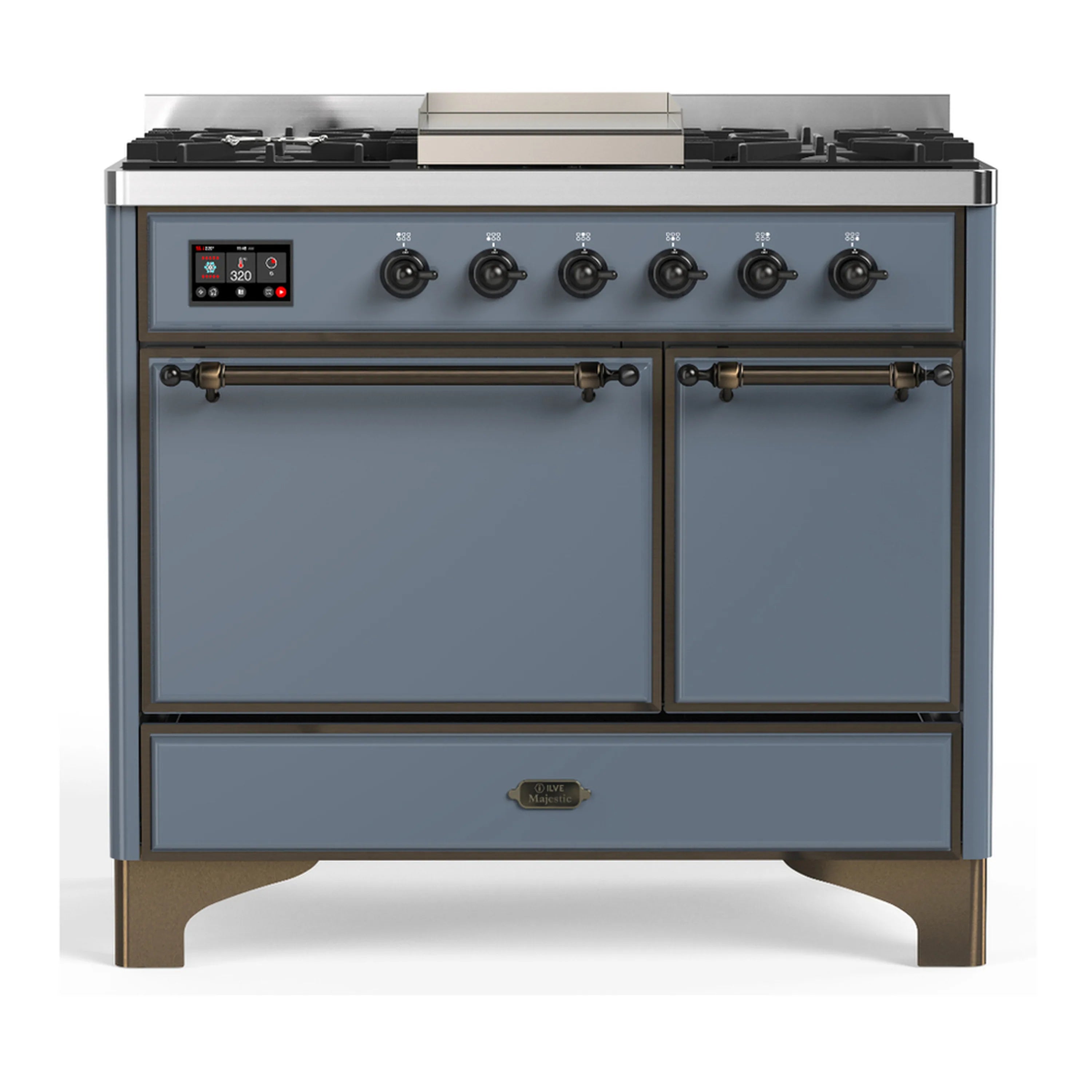 Blue grey dual fuel range front view with closed oven doors, drawer, and burner knobs