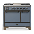 ILVE Majestic III 40-inch Dual Fuel Range with 6 Natural Gas Burner, Griddle and Solid Door Electric Oven in Blue Grey with Burnished Trim (UMD40FQNR3BGB)