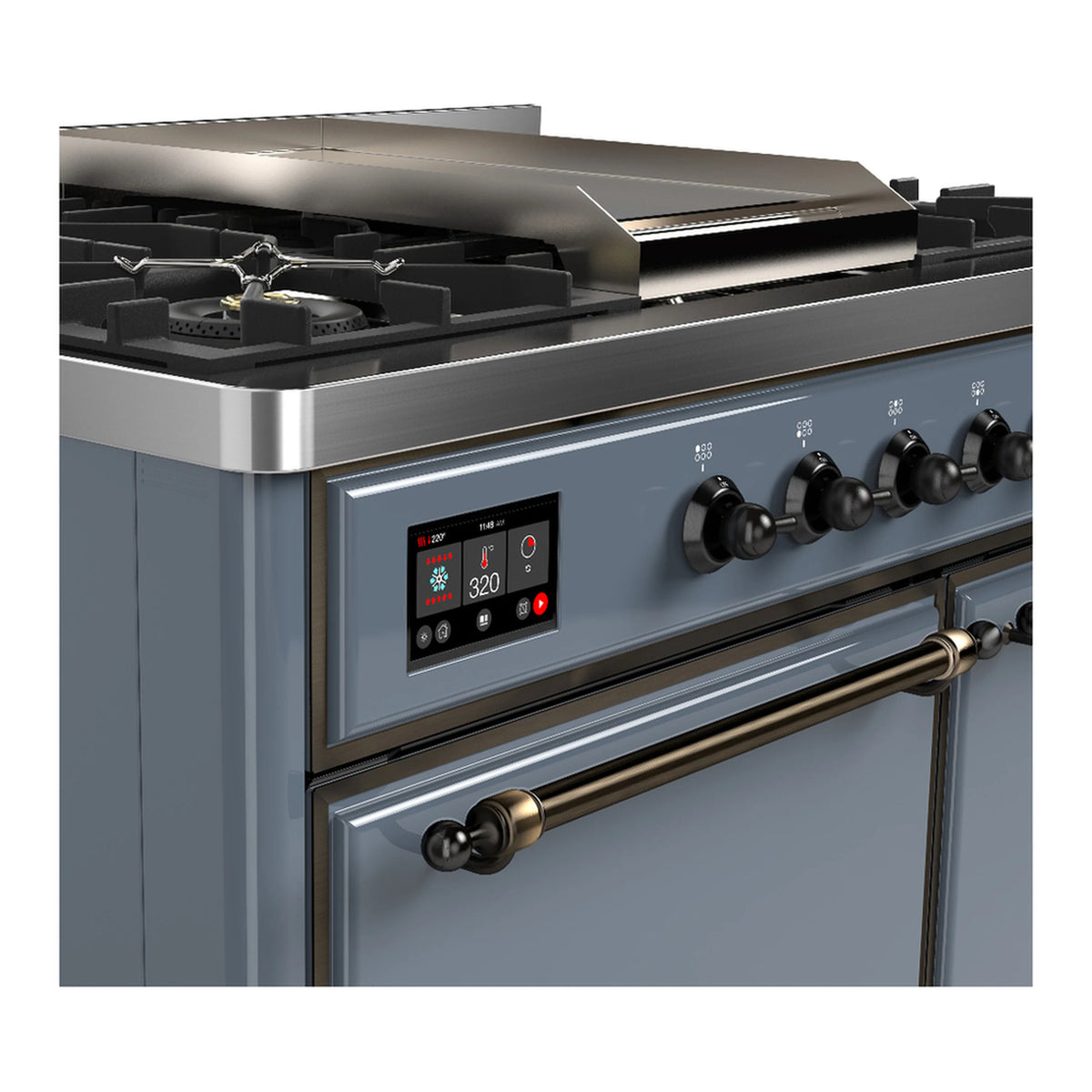 Blue grey dual fuel range top with six gas burners, griddle, and control knobs