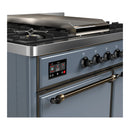 ILVE Majestic III 40-inch Dual Fuel Range with 6 Natural Gas Burner, Griddle and Solid Door Electric Oven in Blue Grey with Burnished Trim (UMD40FQNR3BGB)