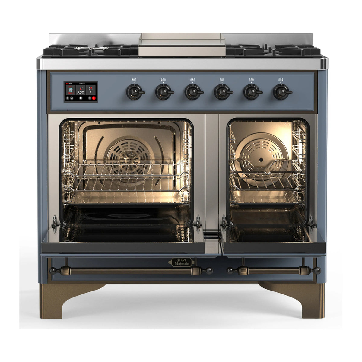 Blue grey dual fuel range with two ovens open, showing racks and stainless interiors