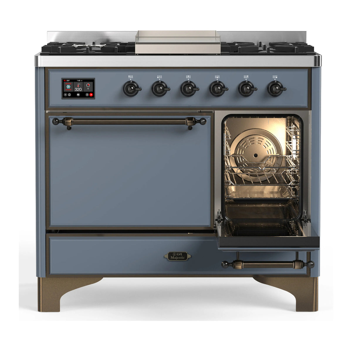 Blue grey dual fuel range with oven doors open, showing one lit oven interior and racks