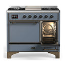ILVE Majestic III 40-inch Dual Fuel Range with 6 Natural Gas Burner, Griddle and Solid Door Electric Oven in Blue Grey with Burnished Trim (UMD40FQNR3BGB)