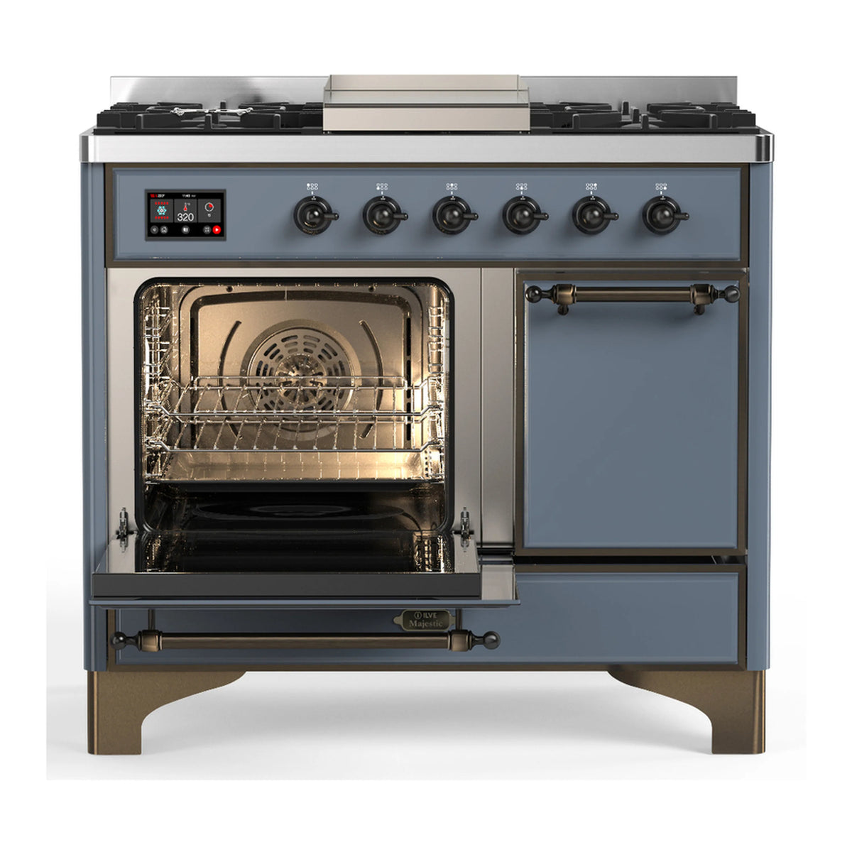 Blue grey dual fuel range with open ovens, showing two lit interiors and wire racks