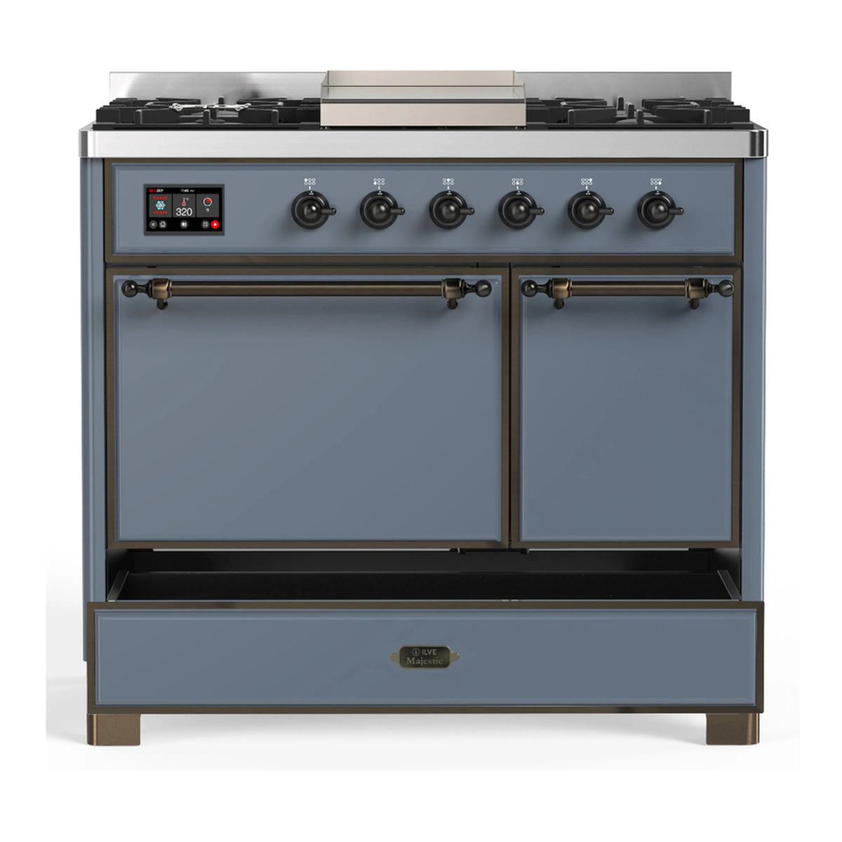 Blue grey dual fuel range with two closed oven doors and front storage drawer