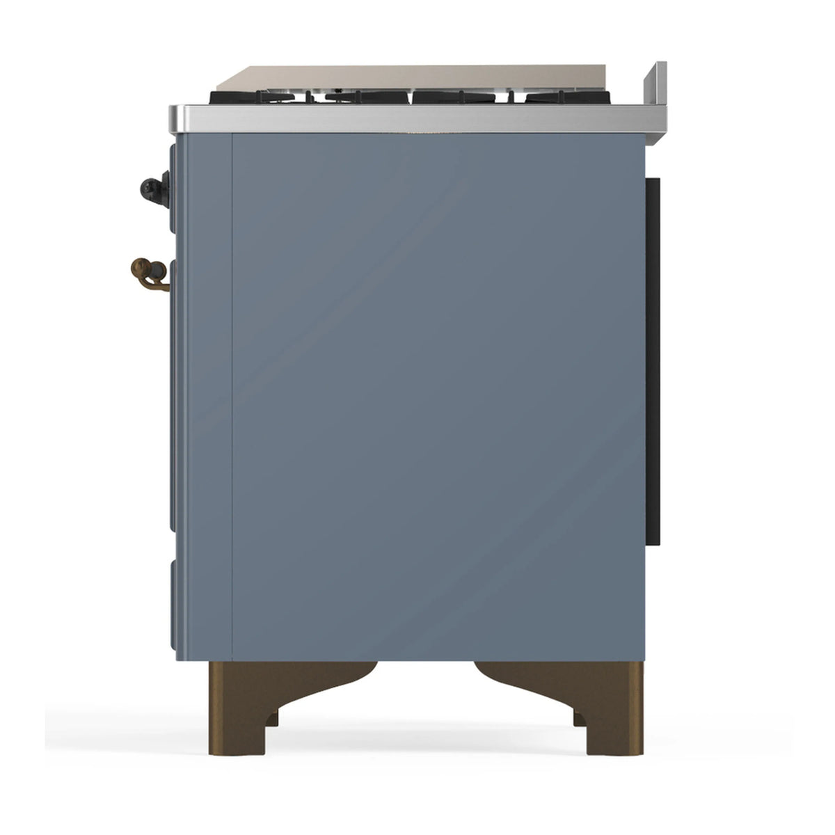 Blue grey dual fuel range side panel with visible rear cooktop edge and trim
