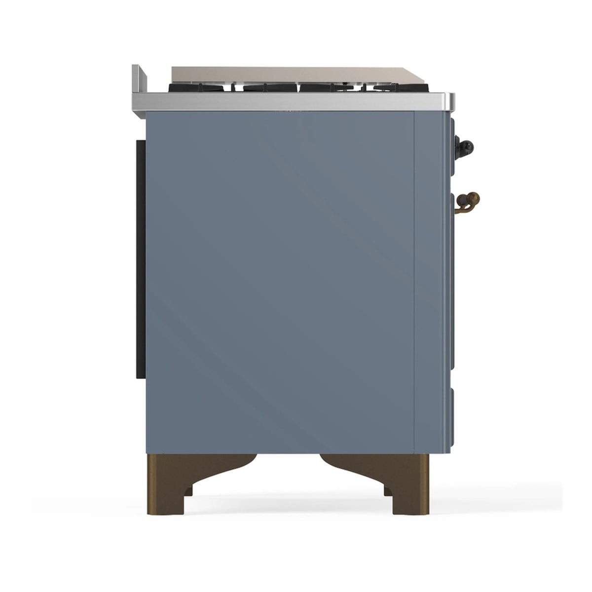 Blue grey dual fuel range rear side view with cooktop edge and side panels