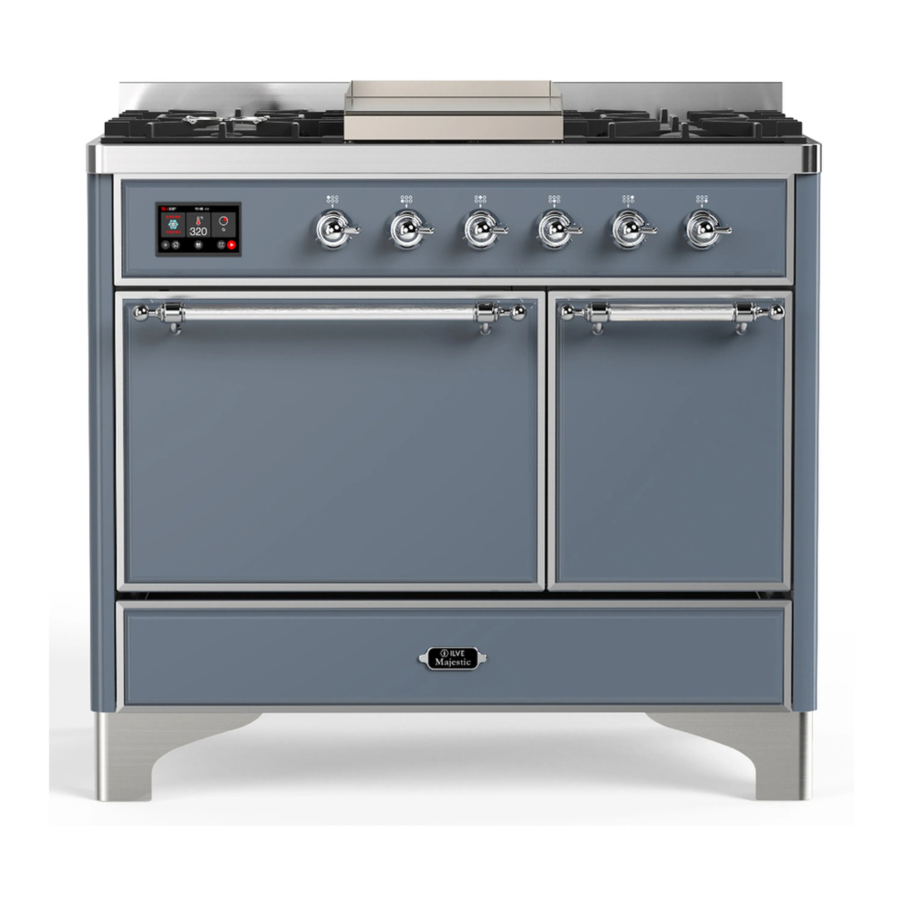 Blue grey dual fuel range with chrome trim, dual oven doors, and control knobs