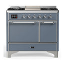 ILVE Majestic III 40-inch Dual Fuel Range with 6 Natural Gas Burner, Griddle and Solid Door Electric Oven in Blue Grey with Chrome Trim (UMD40FQNR3BGC)