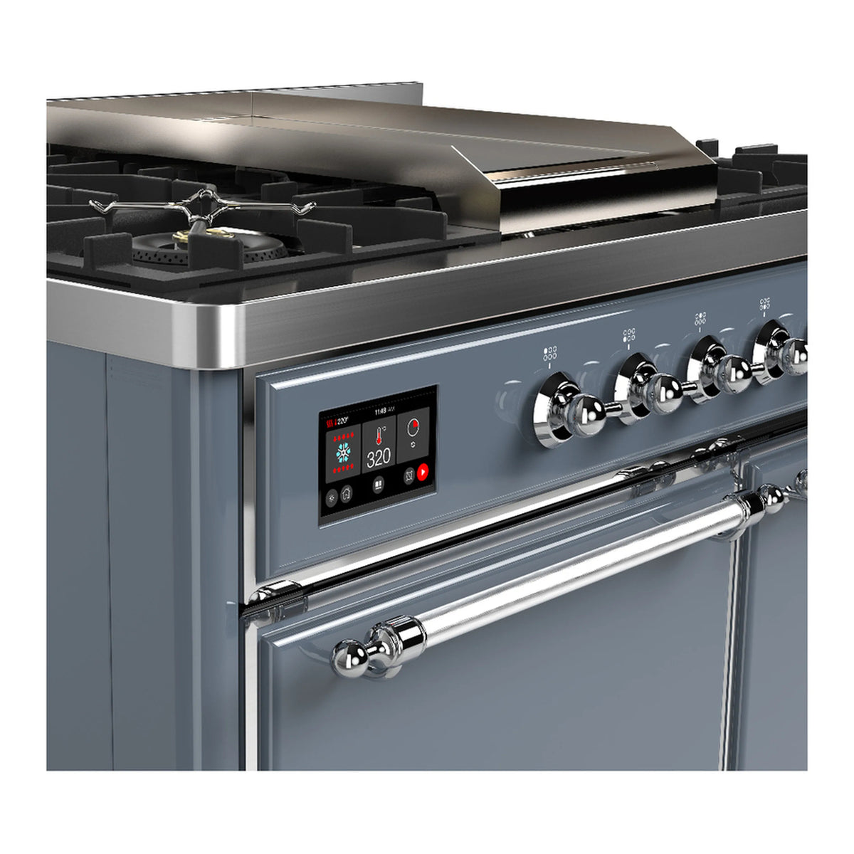 Blue grey dual fuel range side view with digital display and chrome burner control knobs