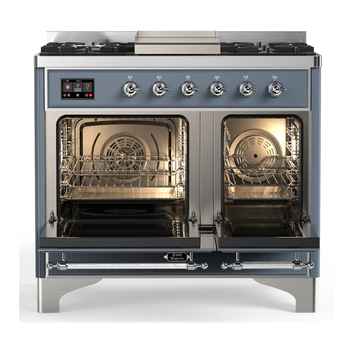 Blue grey dual fuel range with oven doors open, showing interior racks and heating elements
