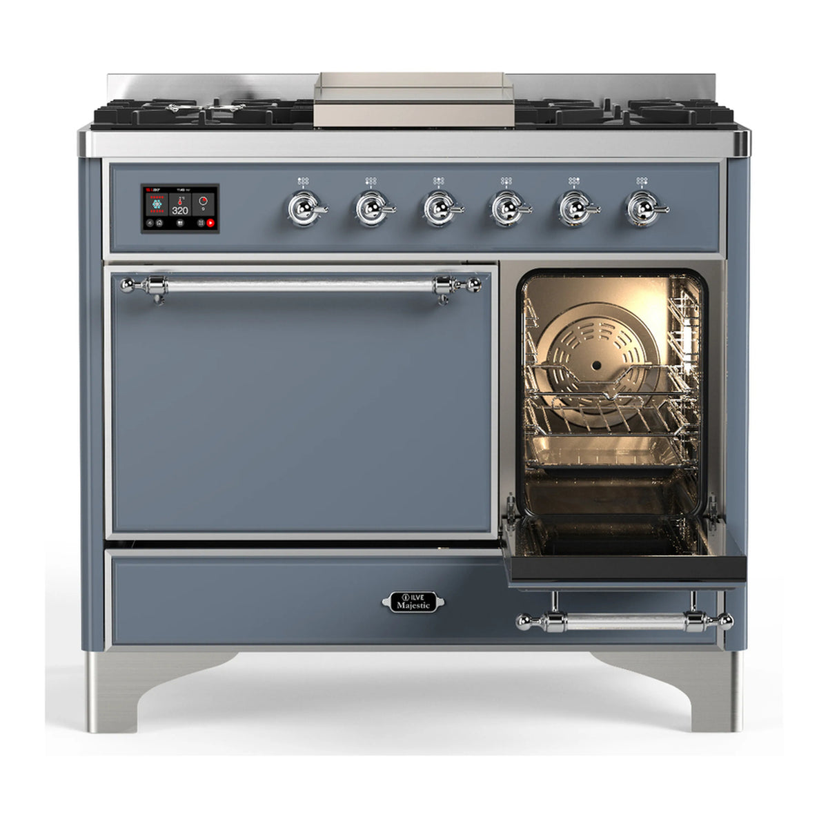 Blue grey dual fuel range with one oven door open, showing oven interior and racks