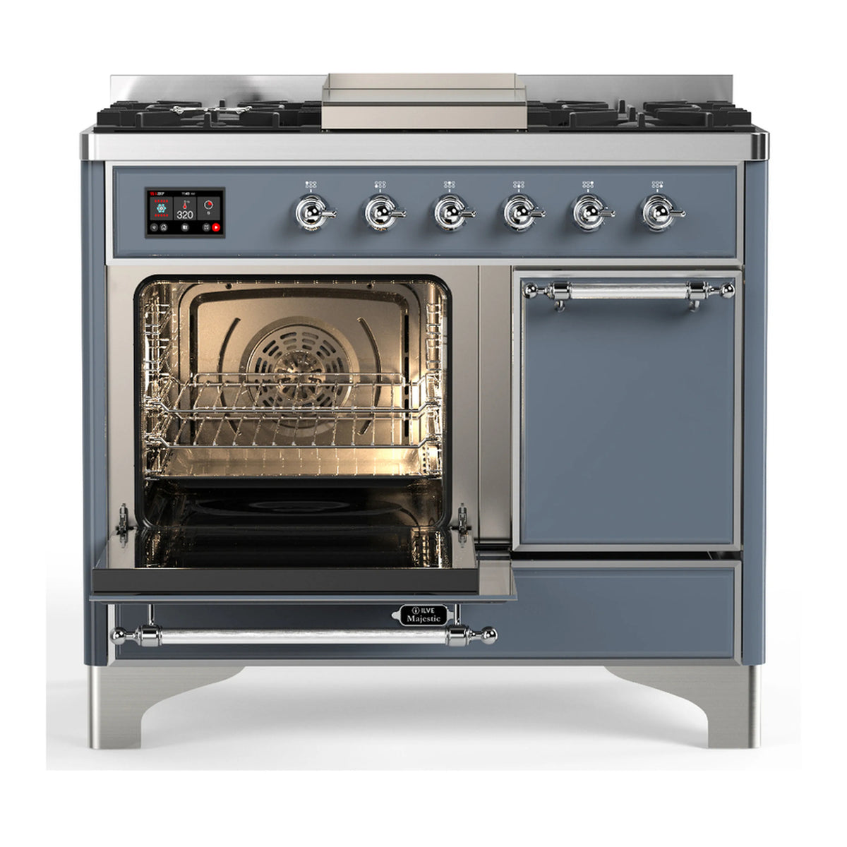 Blue grey dual fuel range with oven door open and broiler area visible inside
