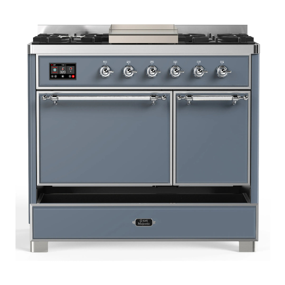 Blue grey dual fuel range front view with oven doors closed and bottom drawer