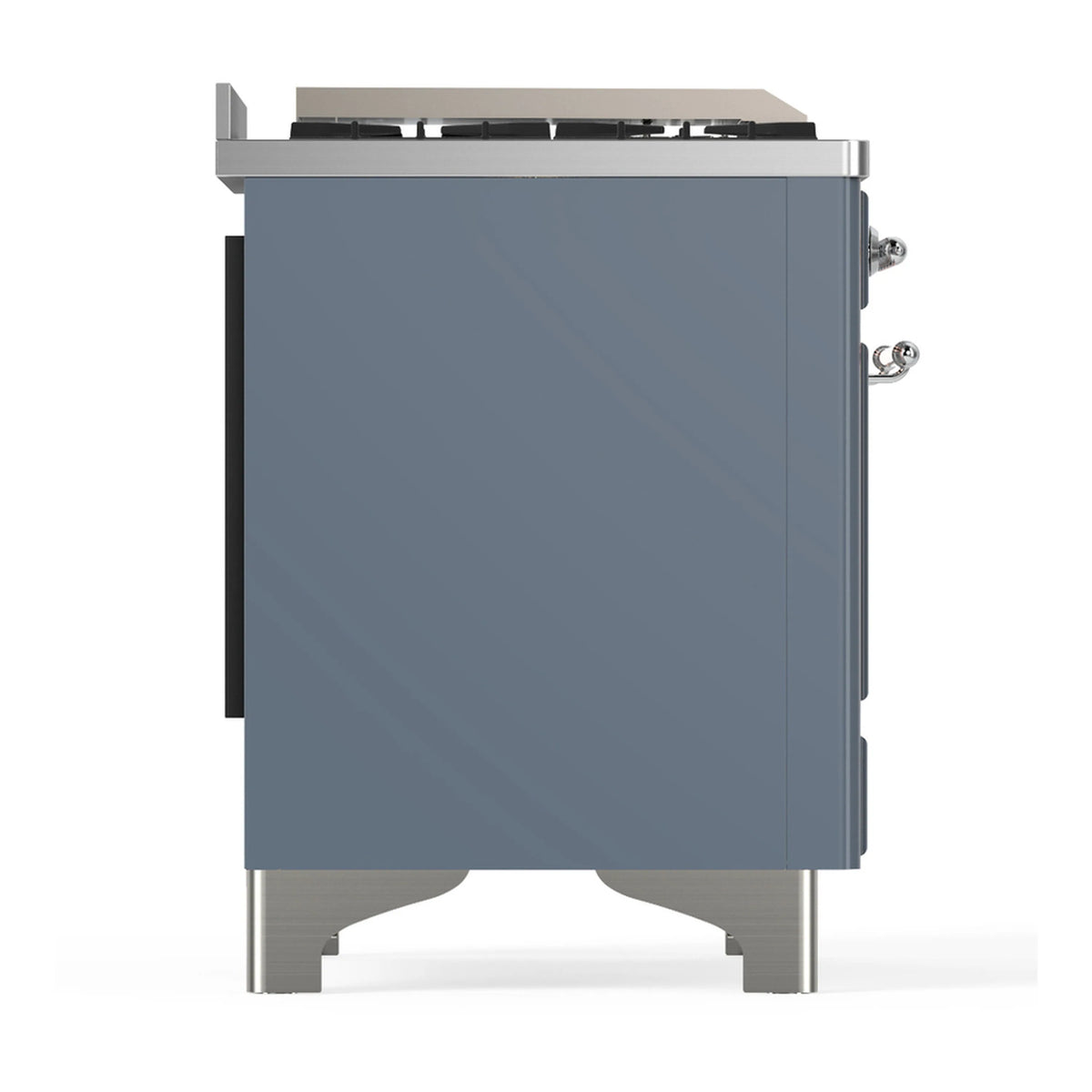Blue grey dual fuel range left side panel with chrome side handles and legs