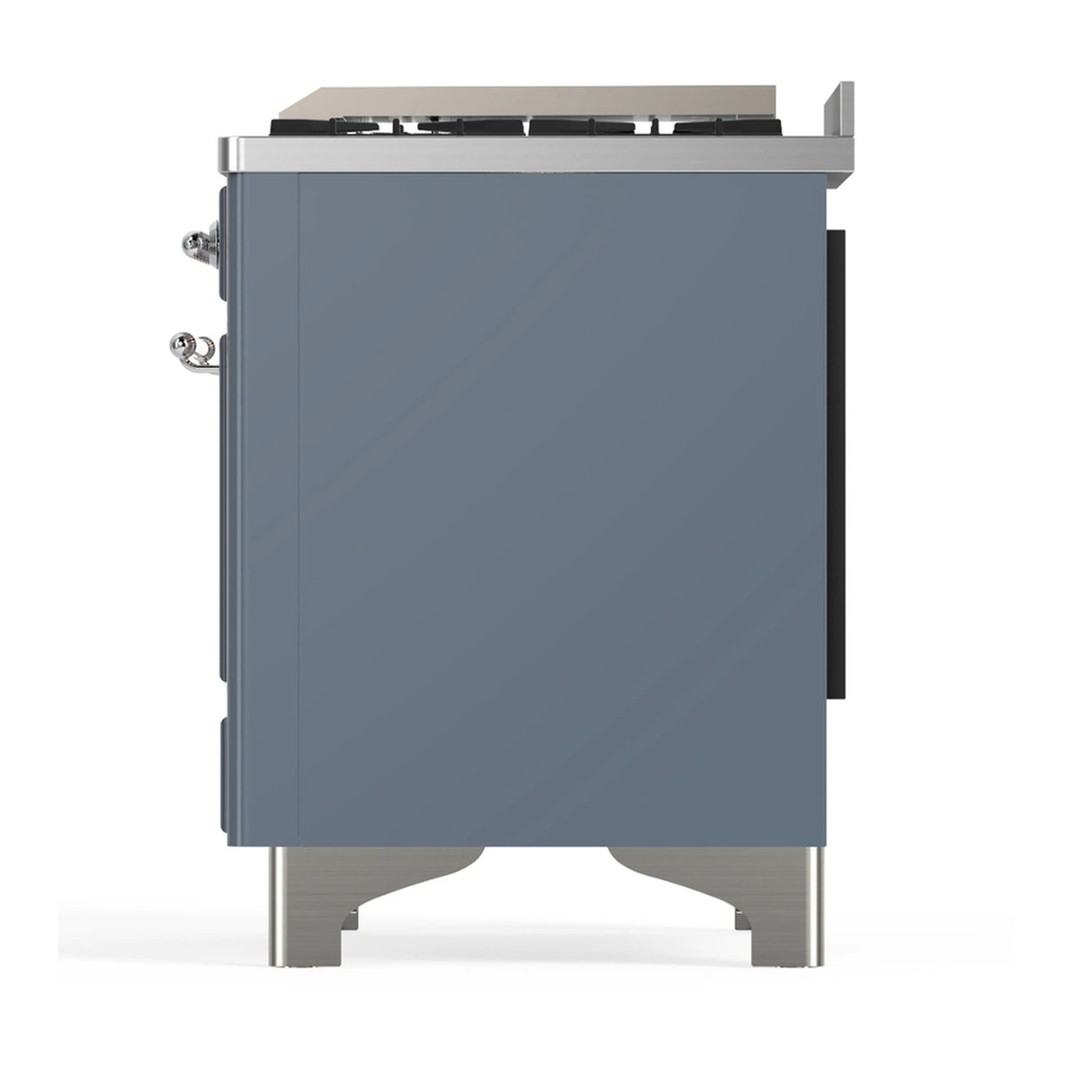Blue grey dual fuel range right side panel with chrome side handles and legs