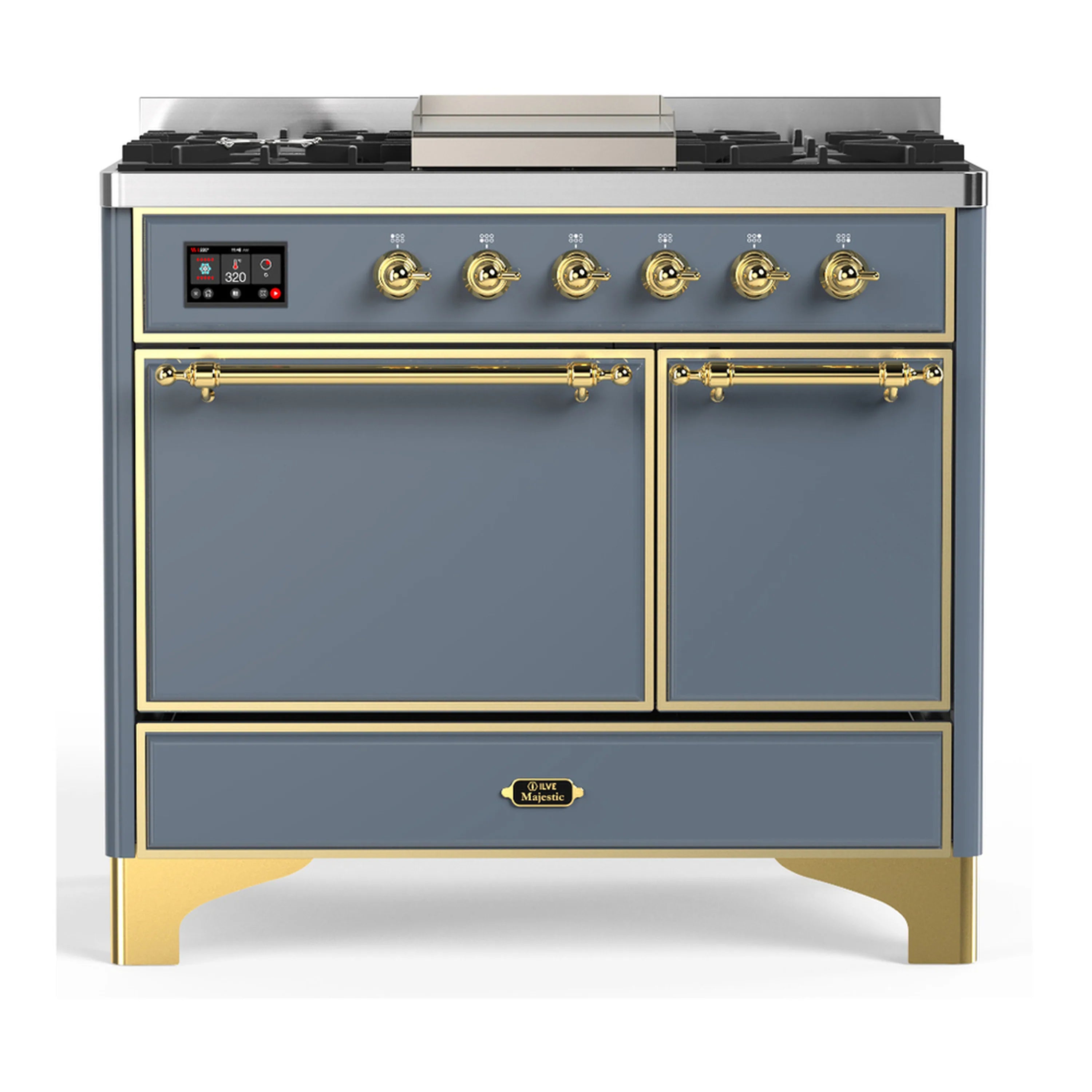 Dual fuel range with blue-gray doors, brass trim handles, and control panel above