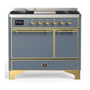ILVE Majestic III 40-inch Dual Fuel Range with 5 Liquid Propane Burner, Griddle and Solid Door Electric Oven in Blue Grey with Brass Trim (UMD40FQNR3BGGLP)