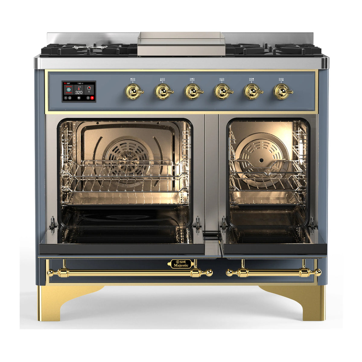 Dual fuel range with both oven doors open, visible racks, and brass front rails
