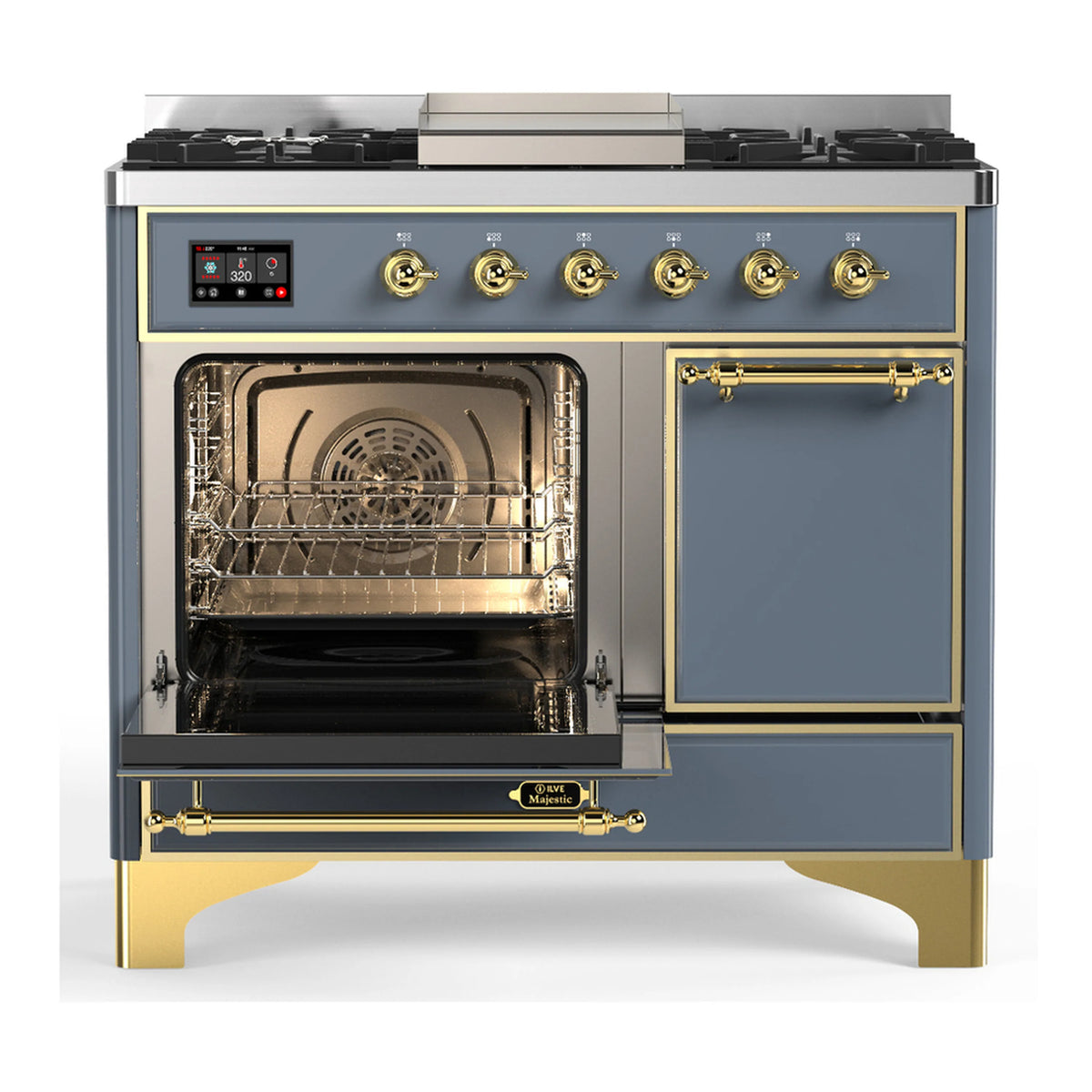 Dual fuel range with blue-gray oven doors open, brass trim, and gas burner knobs