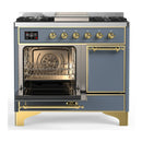 ILVE Majestic III 40-inch Dual Fuel Range with 5 Liquid Propane Burner, Griddle and Solid Door Electric Oven in Blue Grey with Brass Trim (UMD40FQNR3BGGLP)