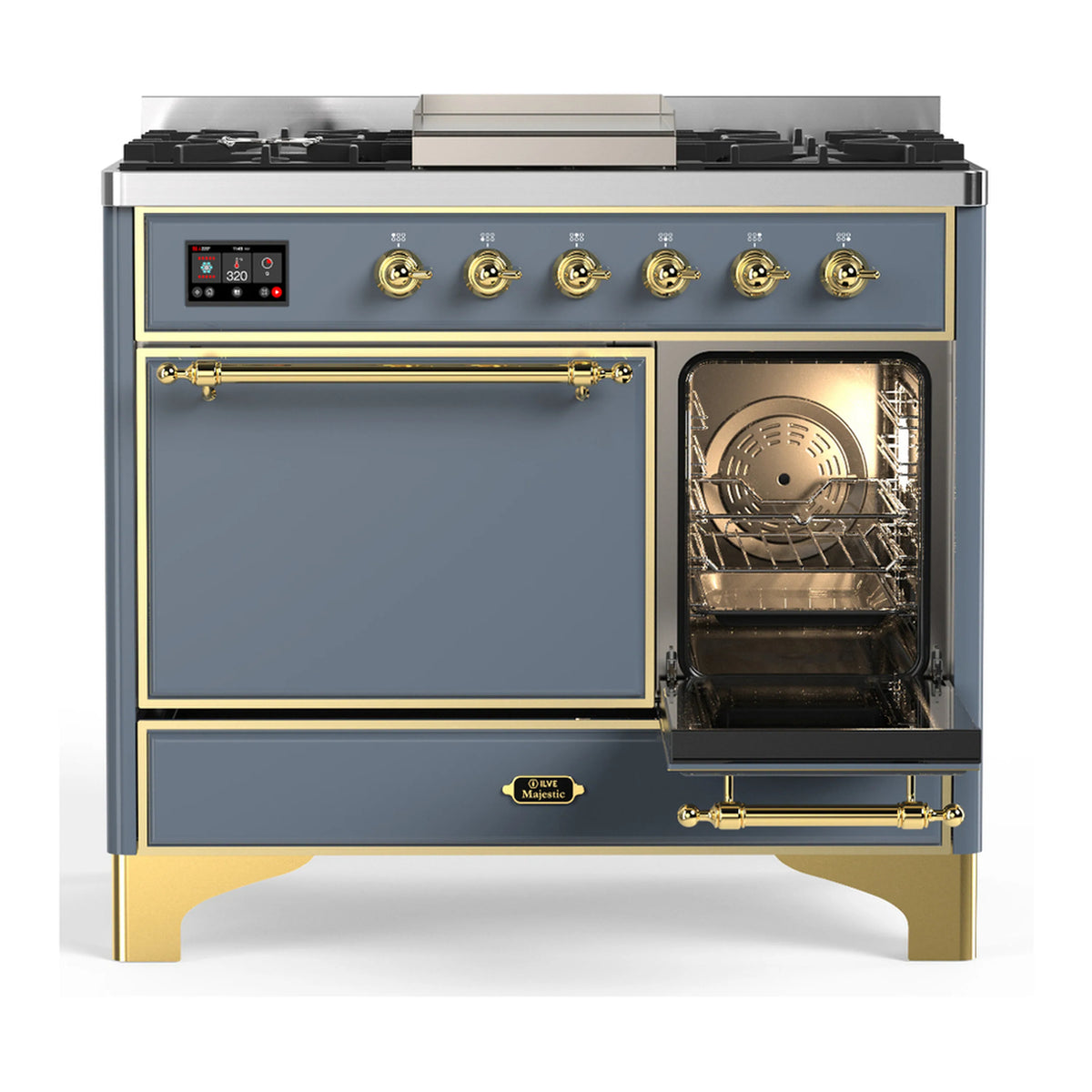 Dual fuel range with left drawer closed and right oven door open, brass handle trim