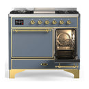 ILVE Majestic III 40-inch Dual Fuel Range with 5 Liquid Propane Burner, Griddle and Solid Door Electric Oven in Blue Grey with Brass Trim (UMD40FQNR3BGGLP)