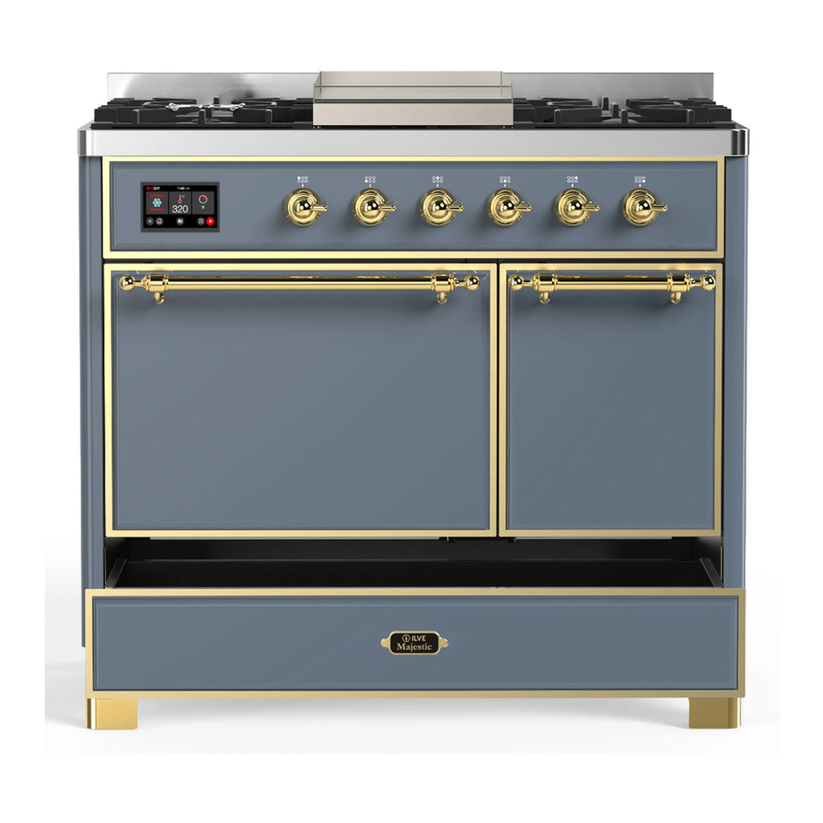 Blue-gray dual fuel range with brass trim, double oven doors, and front control panel