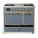 ILVE Majestic III 40-inch Dual Fuel Range with 5 Liquid Propane Burner, Griddle and Solid Door Electric Oven in Blue Grey with Brass Trim (UMD40FQNR3BGGLP)