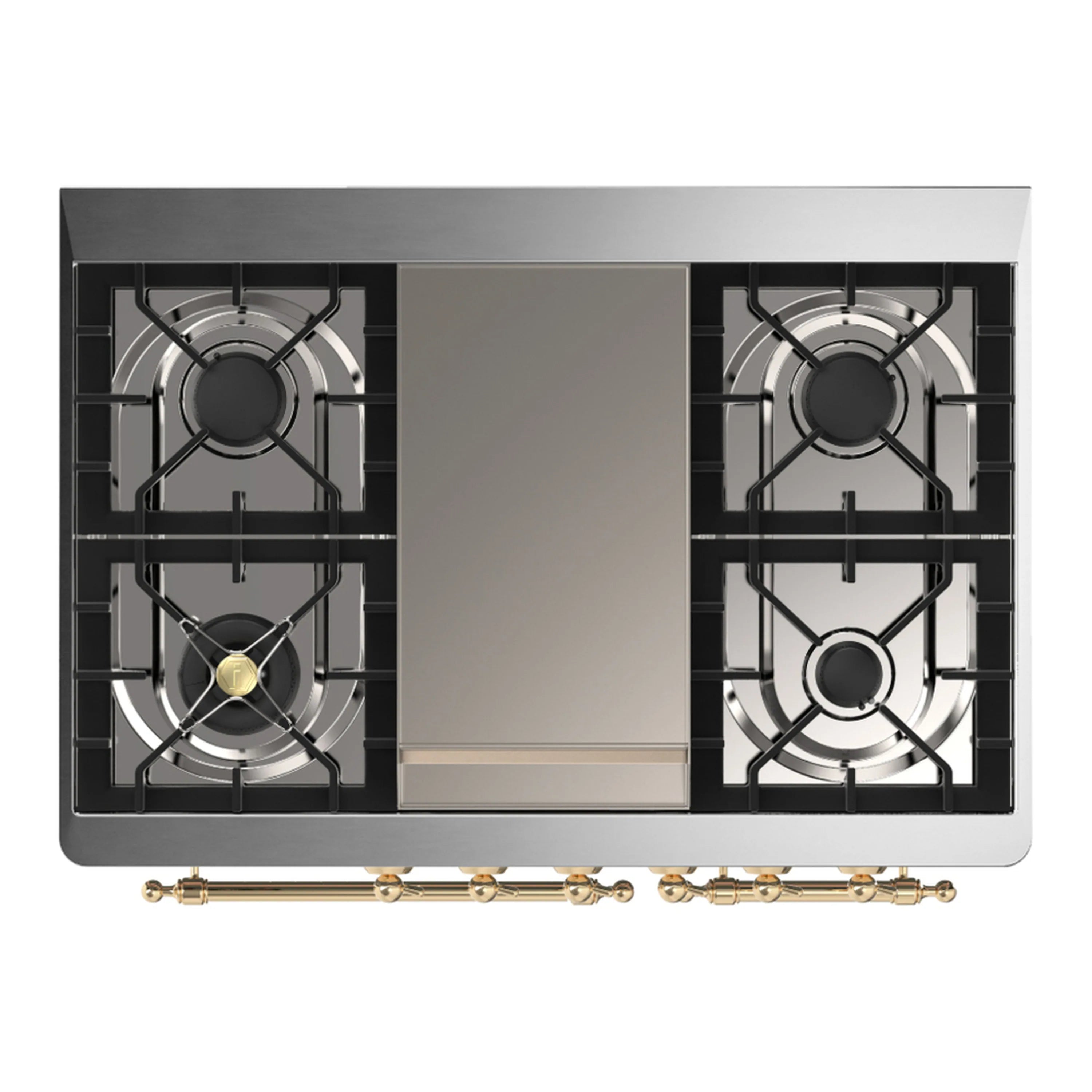 Dual fuel range top view showing four gas burners and brass front rail trim