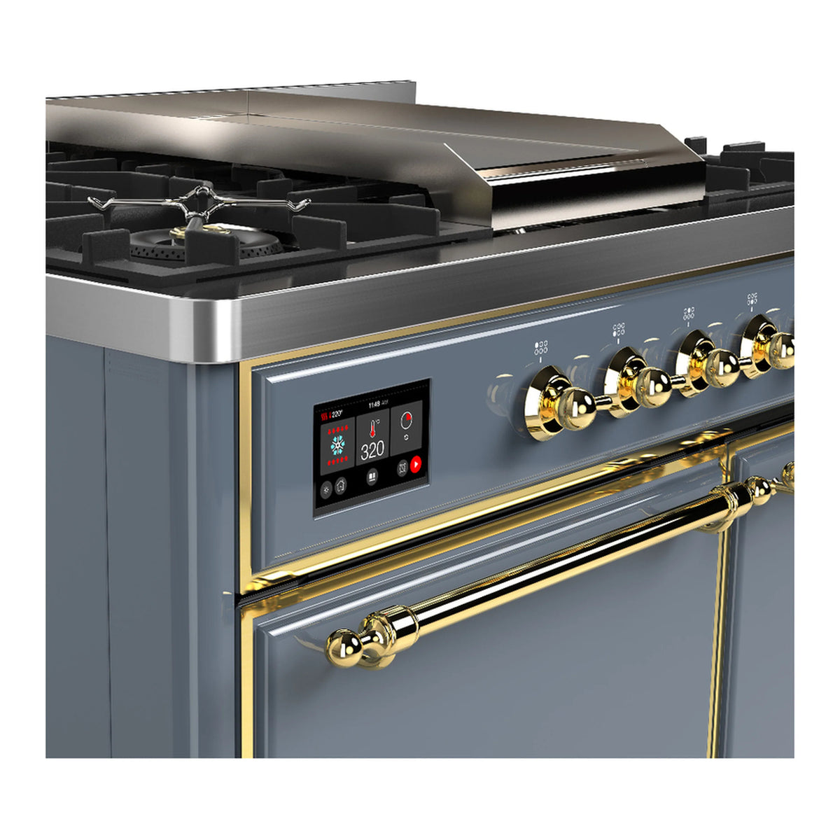 Blue-gray dual fuel range with brass control knobs and oven door handle detail