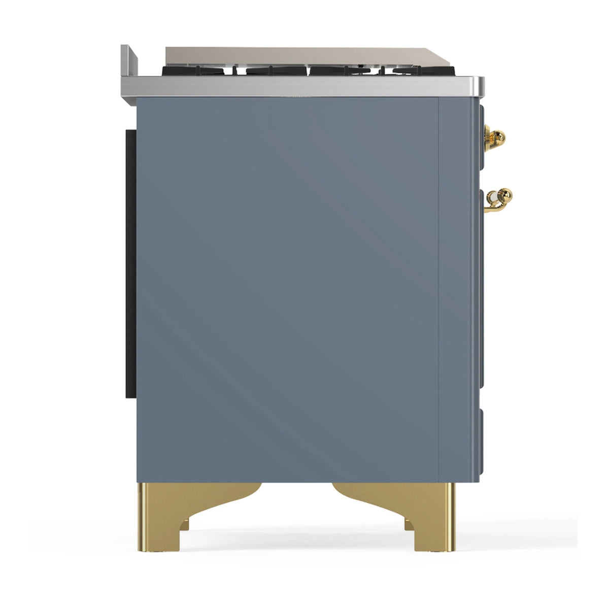 Blue-gray dual fuel range side view with brass trim legs and oven controls