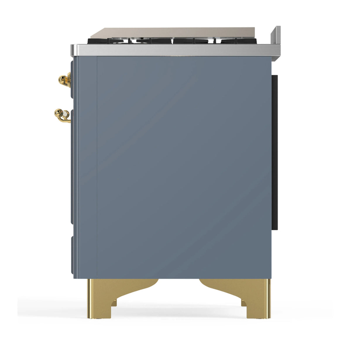 Blue-gray dual fuel range back panel view with brass corner legs