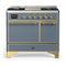 ILVE Majestic III 40-inch Dual Fuel Range with 5 Liquid Propane Burner, Griddle and Solid Door Electric Oven in Blue Grey with Brass Trim (UMD40FQNR3BGGLP)