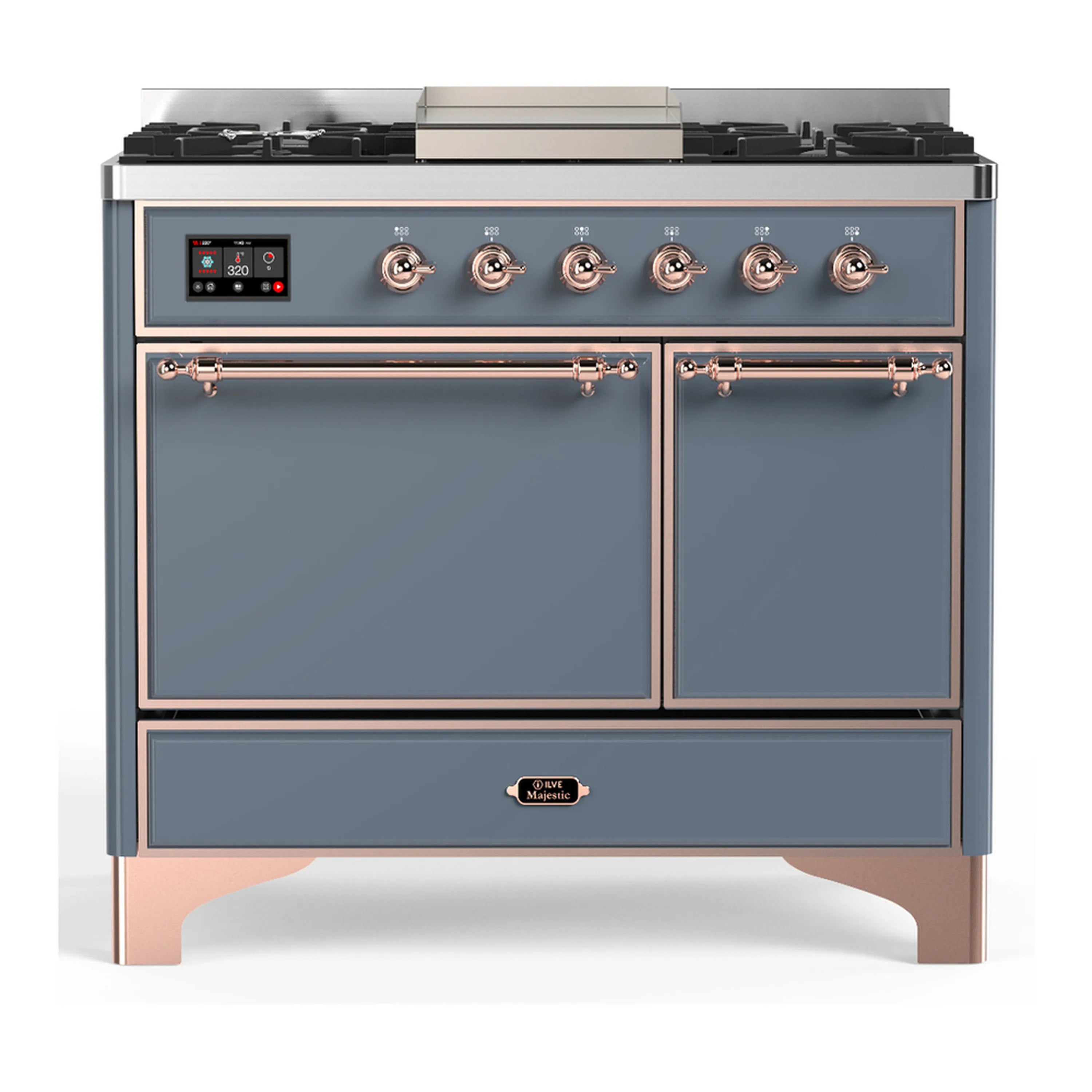 Blue-grey dual fuel range with copper trim, control panel, and two oven doors