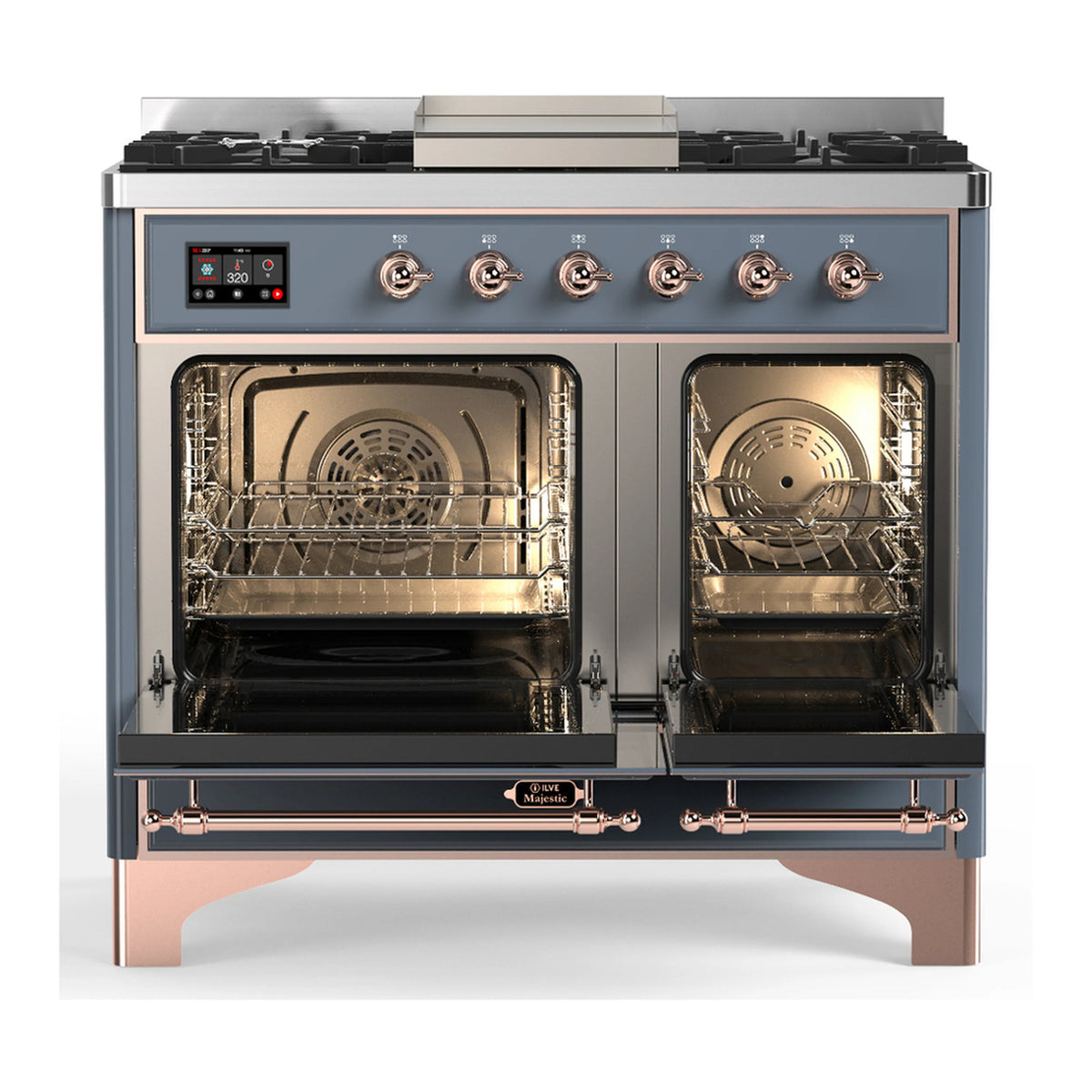 Blue-grey dual fuel range with copper trim, burners and both ovens open