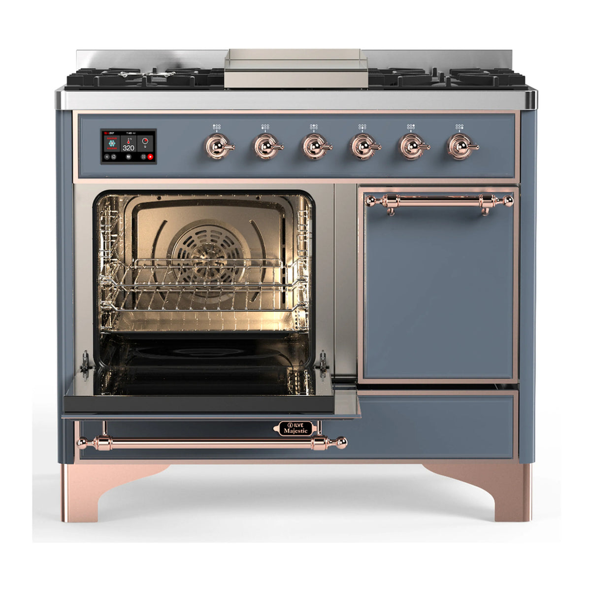 Blue-grey dual fuel range with copper trim, oven door open and left burners visible