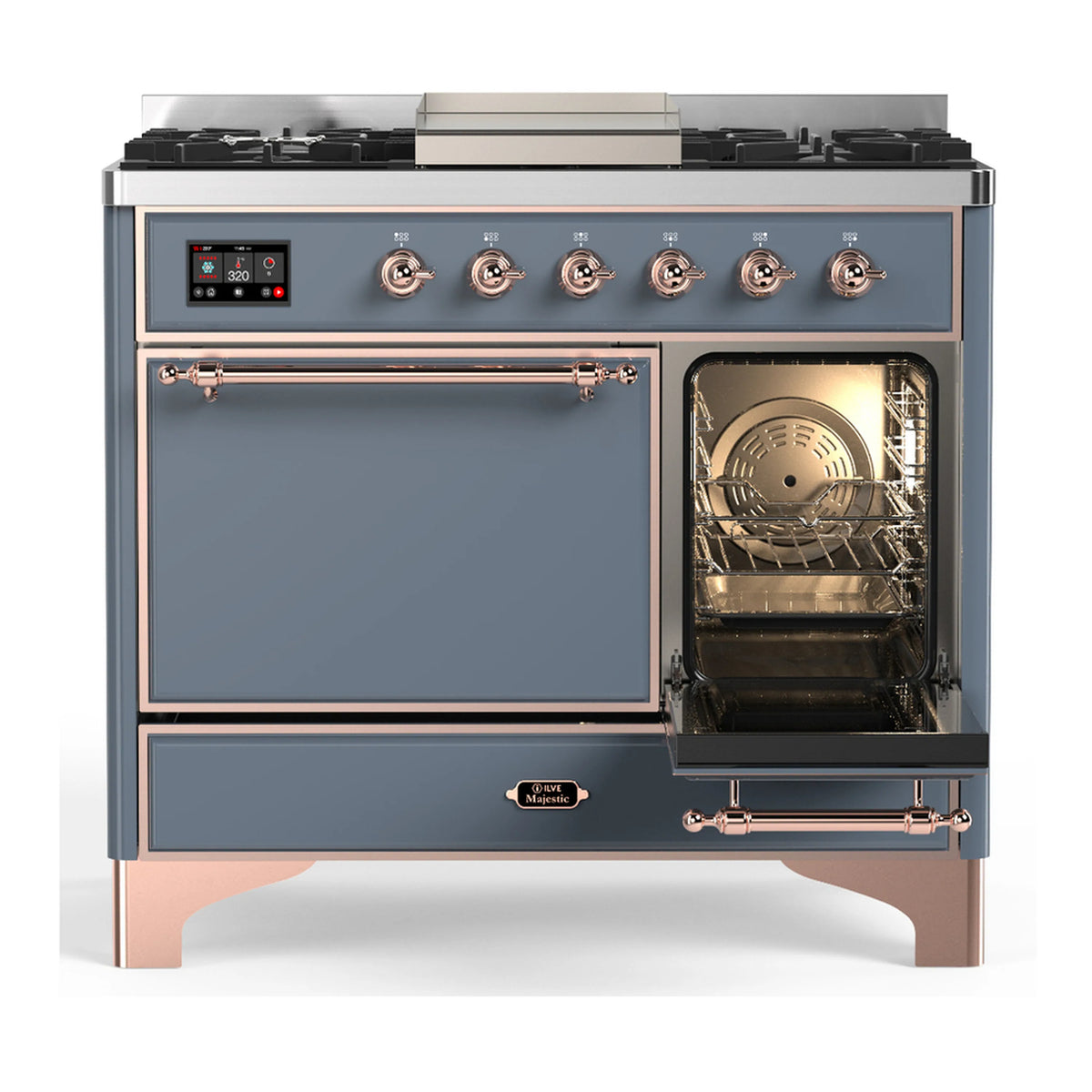 Blue-grey dual fuel range with copper trim, left oven door closed and right oven open