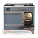 ILVE Majestic III 40-inch Dual Fuel Range with 5 Liquid Propane Burner, Griddle and Solid Door Electric Oven in Blue Grey with Copper Trim (UMD40FQNR3BGPLP)
