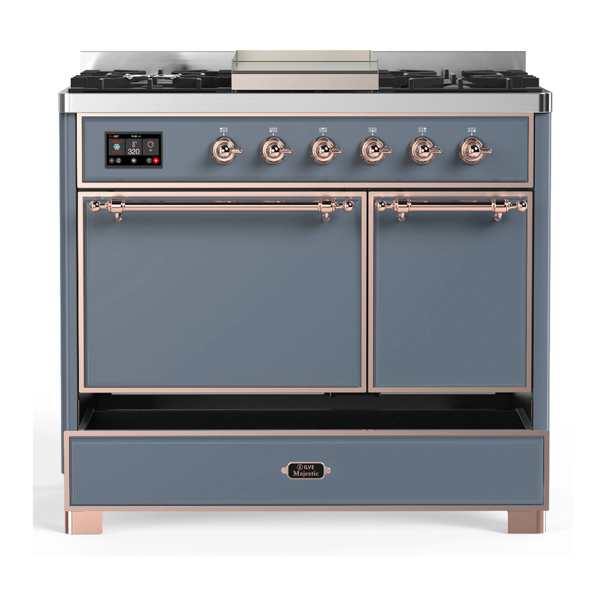 Blue-grey dual fuel range with copper trim, two oven doors and storage drawer