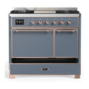 ILVE Majestic III 40-inch Dual Fuel Range with 5 Liquid Propane Burner, Griddle and Solid Door Electric Oven in Blue Grey with Copper Trim (UMD40FQNR3BGPLP)