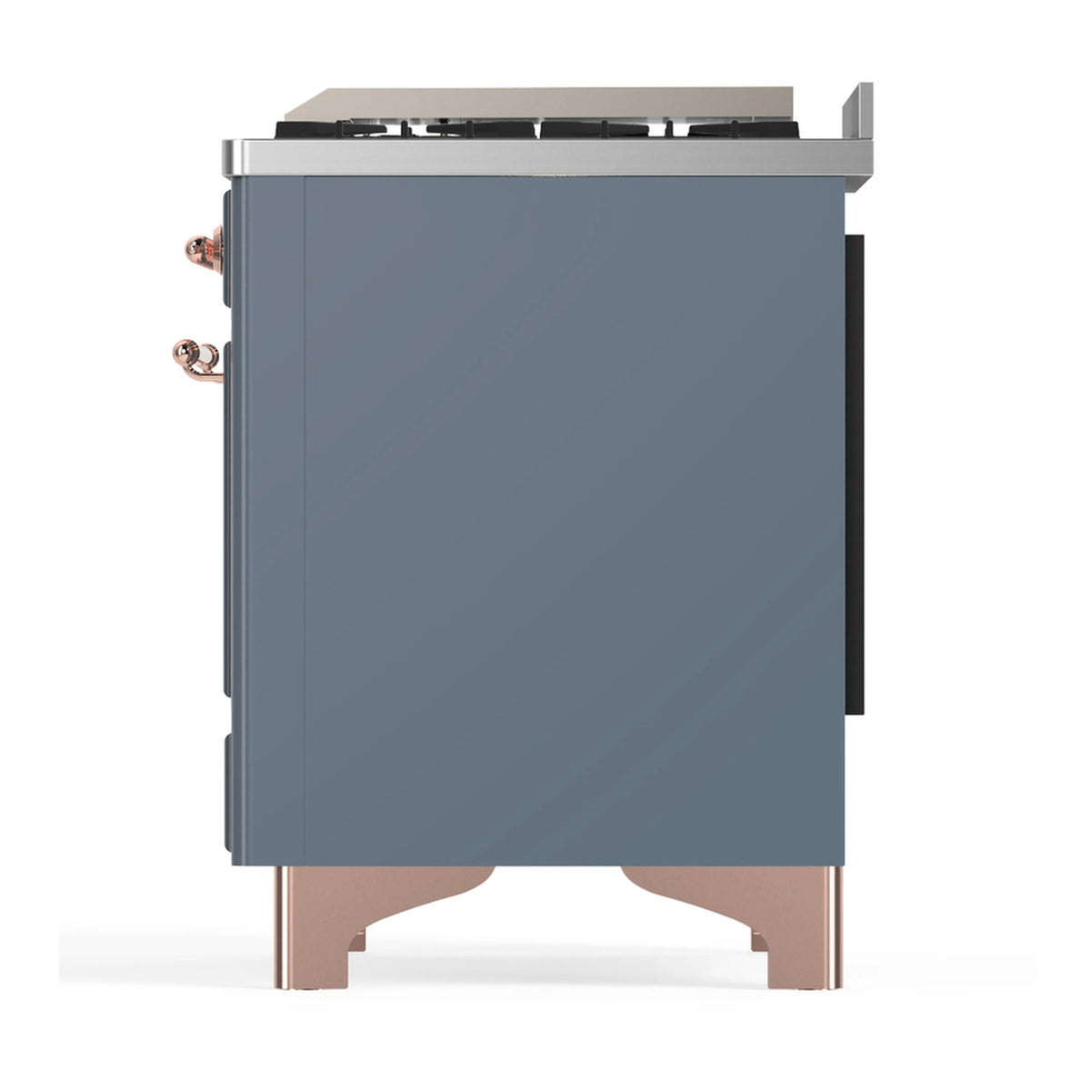 Blue-grey side of dual fuel range with copper-trim legs and rear panel edges
