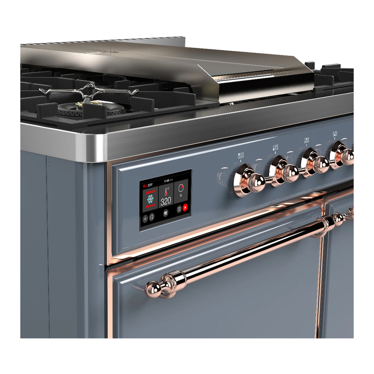 Blue-grey range control panel with copper knobs and black cooktop burners