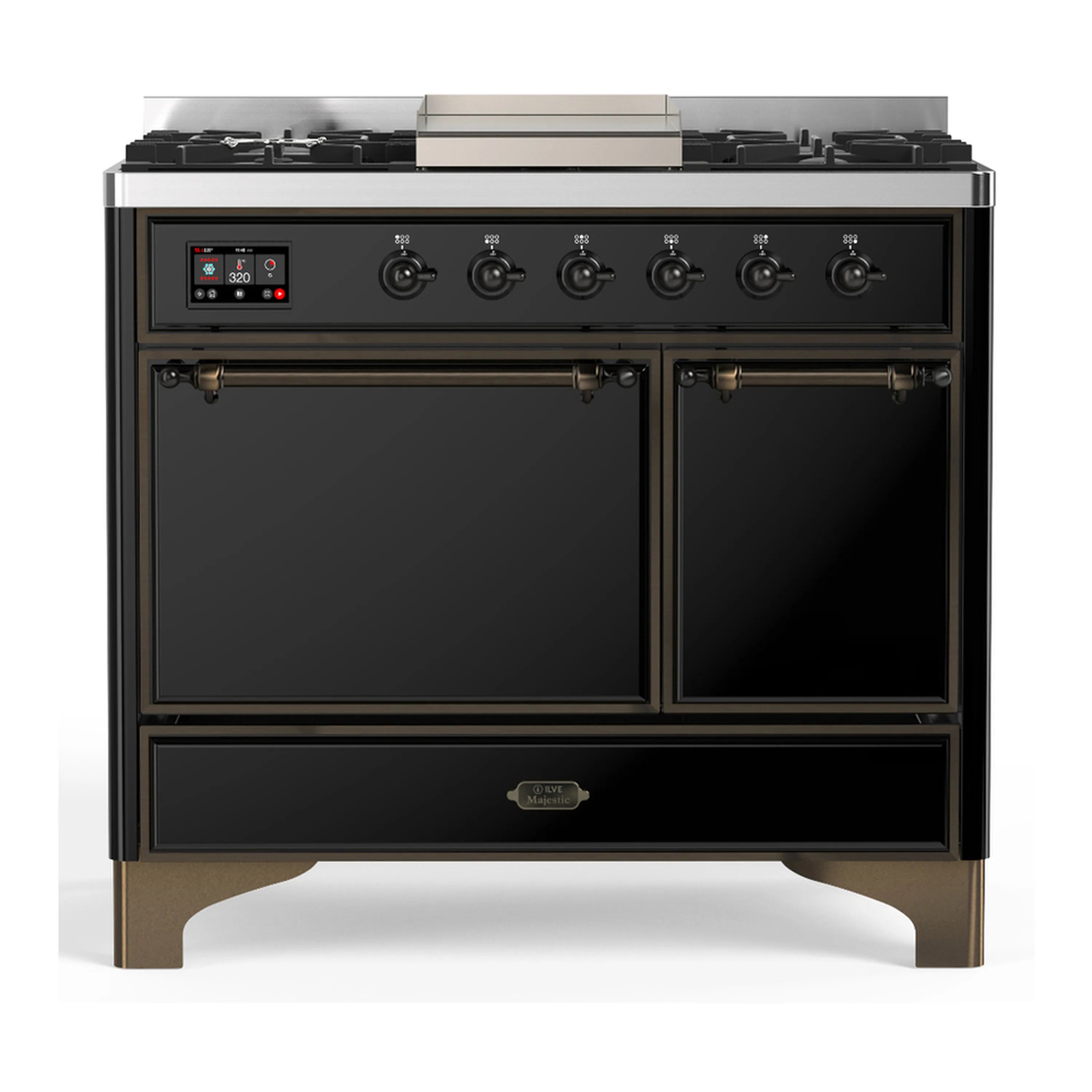 Glossy black dual fuel range with two closed oven doors and front control panel