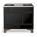 ILVE Majestic III 40-inch Dual Fuel Range with 5 Liquid Propane Burner, Griddle and Solid Door Electric Oven in Glossy Black with Burnished Trim (UMD40FQNR3BKBLP)