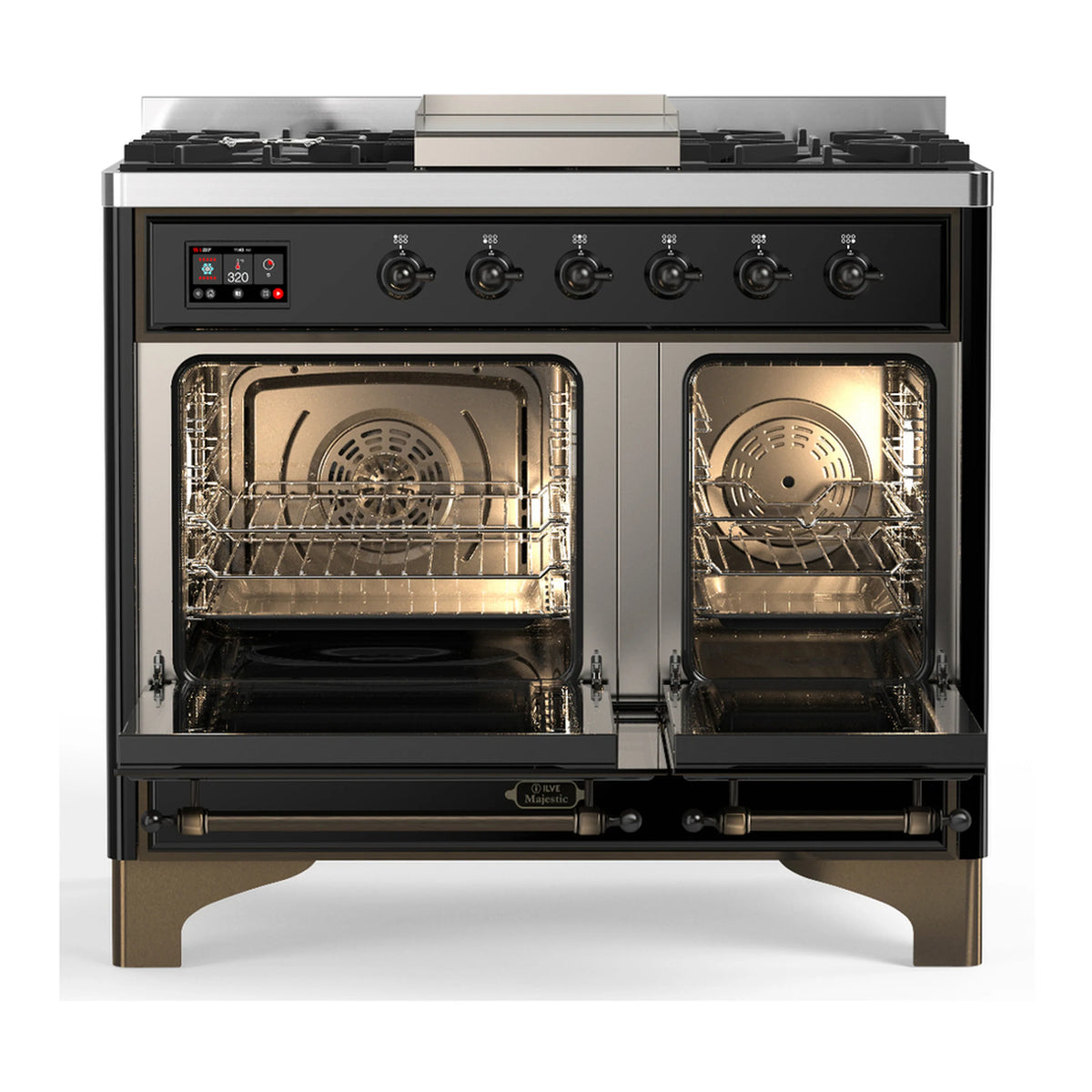 Glossy black dual fuel range with open ovens and control panel, featuring burners and griddle top